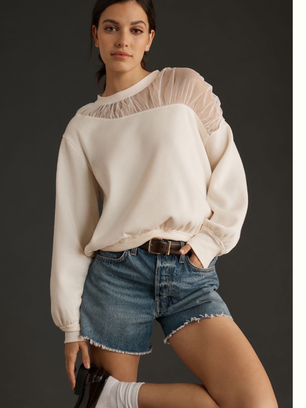 Nwt Maeve Sheer Yoke Cream Pullover one shoulder Sweatshirt